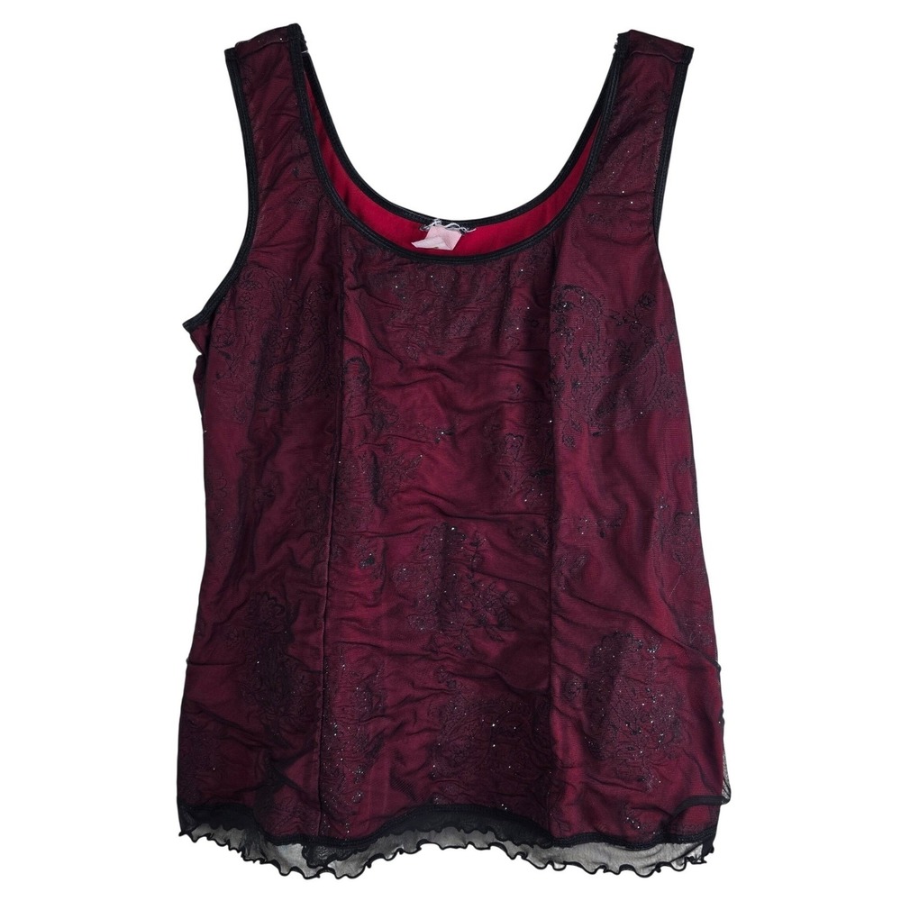 Vtg Whimsigoth Glitter Mesh Tank Top Y2K Grunge Fairycore‎ Red Black Sheer